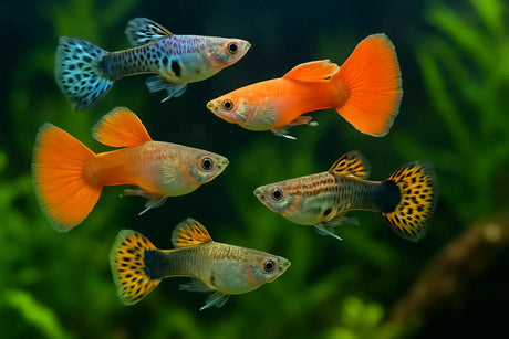 Colorful guppy fish swimming in a vibrant aquarium, showcasing their diverse patterns and lively nature.