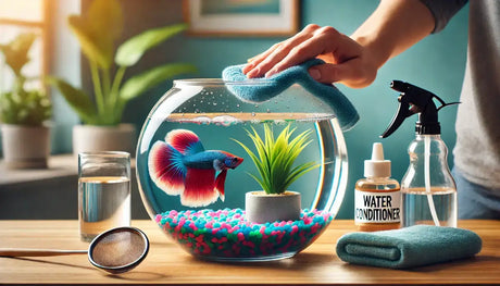 Person cleaning a betta fish bowl with a plant and colorful pebbles, showcasing essential tank maintenance supplies.