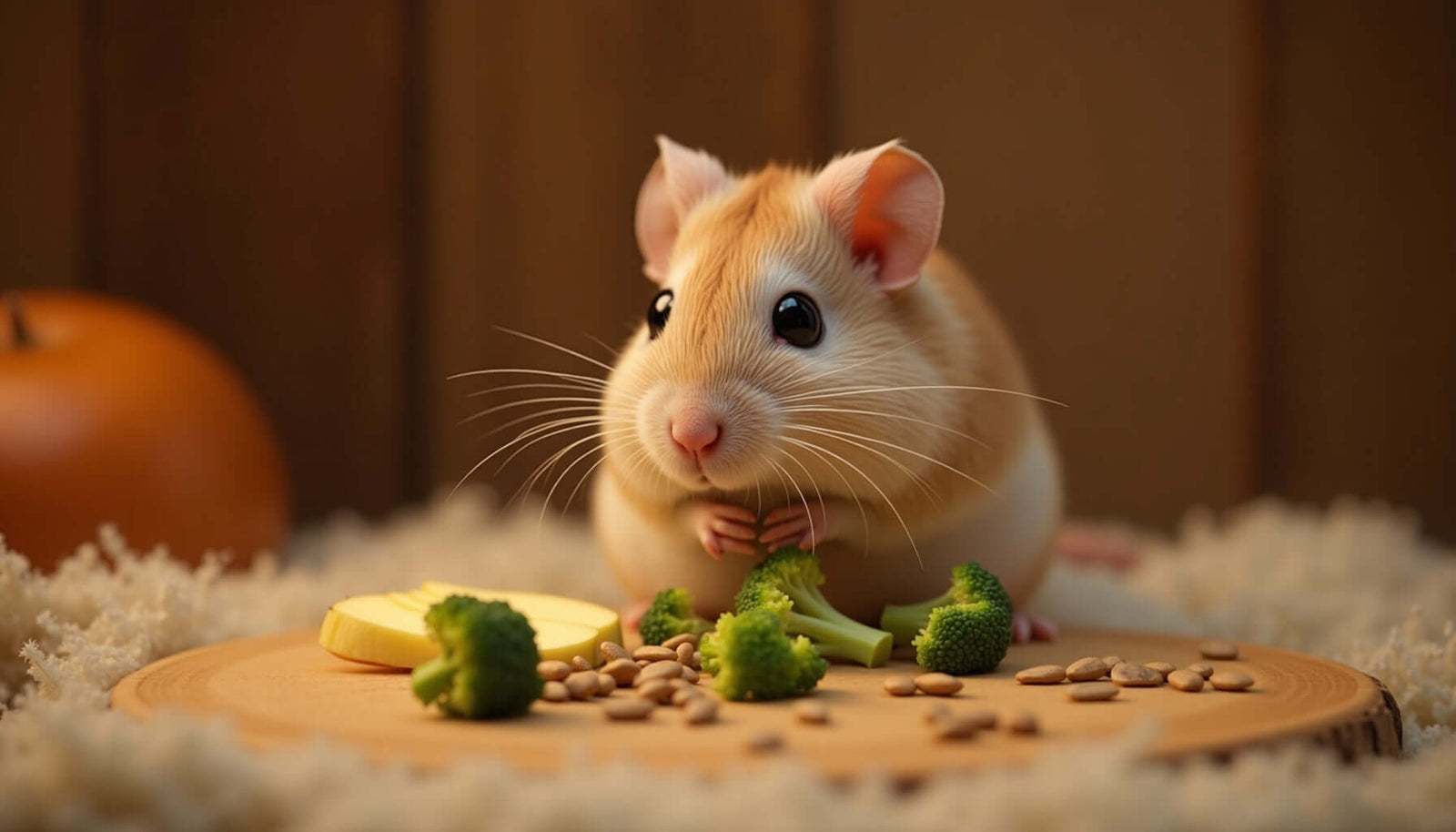 Gerbil enjoying healthy treats, including broccoli and seeds, on a wooden plate surrounded by soft bedding and an orange.