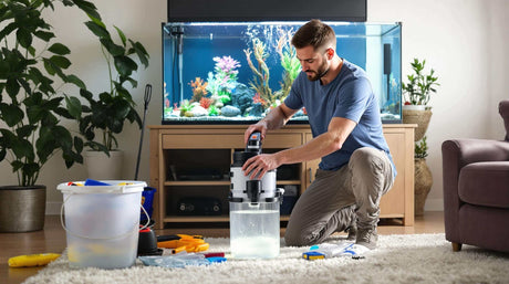 Man cleaning a canister filter in front of an aquarium, demonstrating proper maintenance for optimal performance.