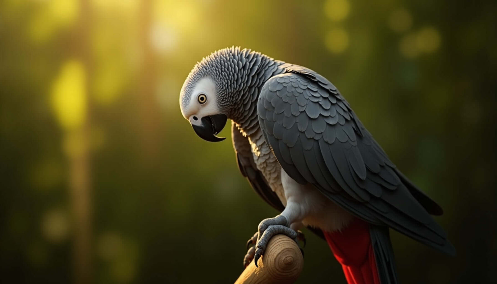 Close-up of an African Grey parrot perched on a branch, showcasing its vibrant feathers in warm sunlight.