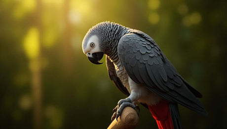 Close-up of an African Grey parrot perched on a branch, showcasing its vibrant feathers in warm sunlight.
