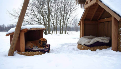 Dog relaxing in a cozy outdoor doghouse surrounded by snowy landscape during winter.