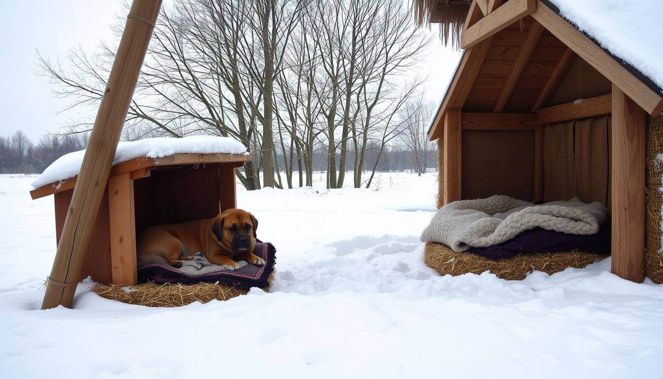 Dog relaxing in a cozy outdoor doghouse surrounded by snowy landscape during winter.