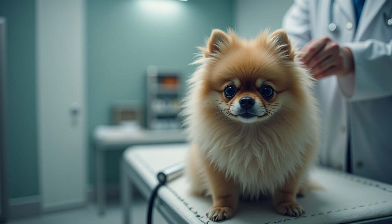 Pomeranian at the vet's office, showcasing its fluffy coat and alert demeanor.