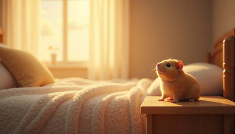 A cute guinea pig sitting on a nightstand beside a bed, bathed in warm morning light.
