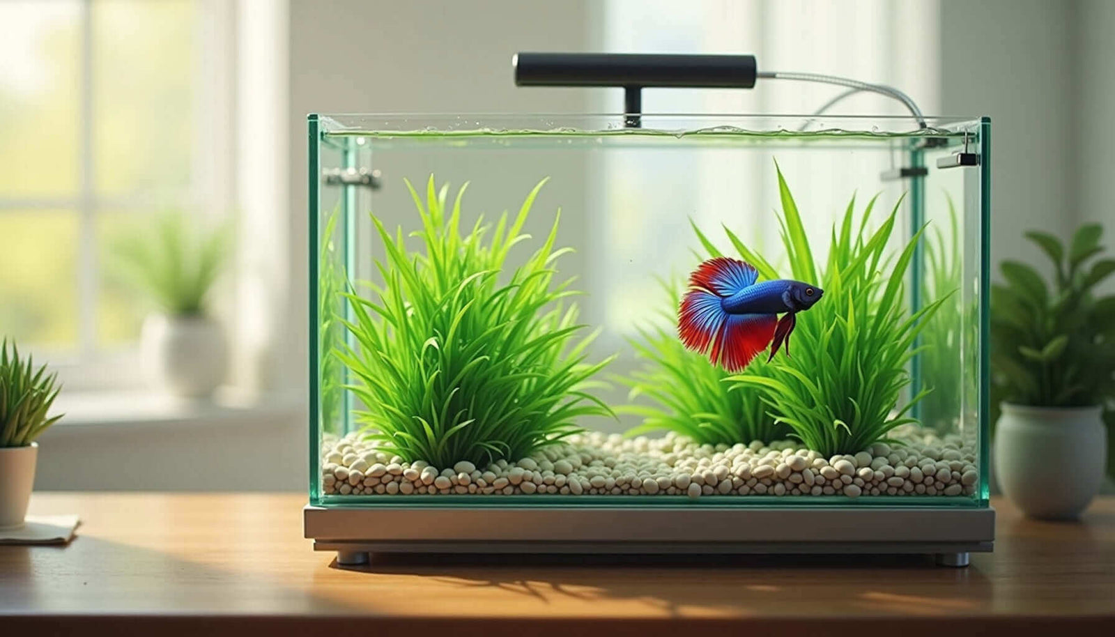 Vibrant betta fish swimming in a well-planted aquarium with lush green plants and decorative stones.