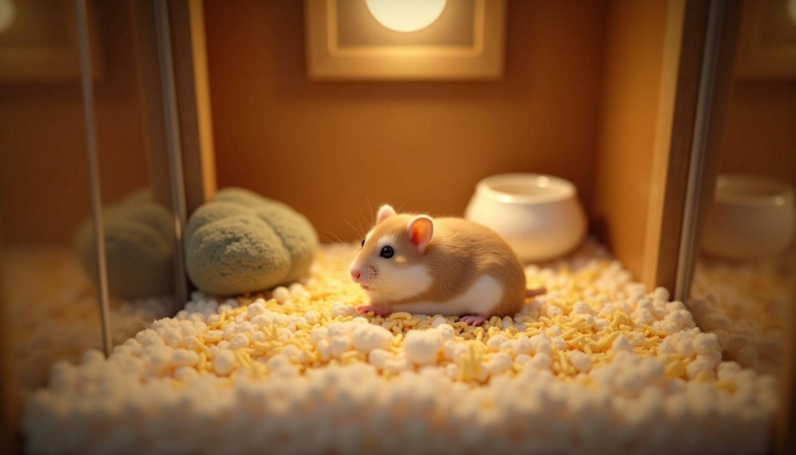 Hamster sitting on soft bedding in a cozy enclosure with nesting material and a food bowl.