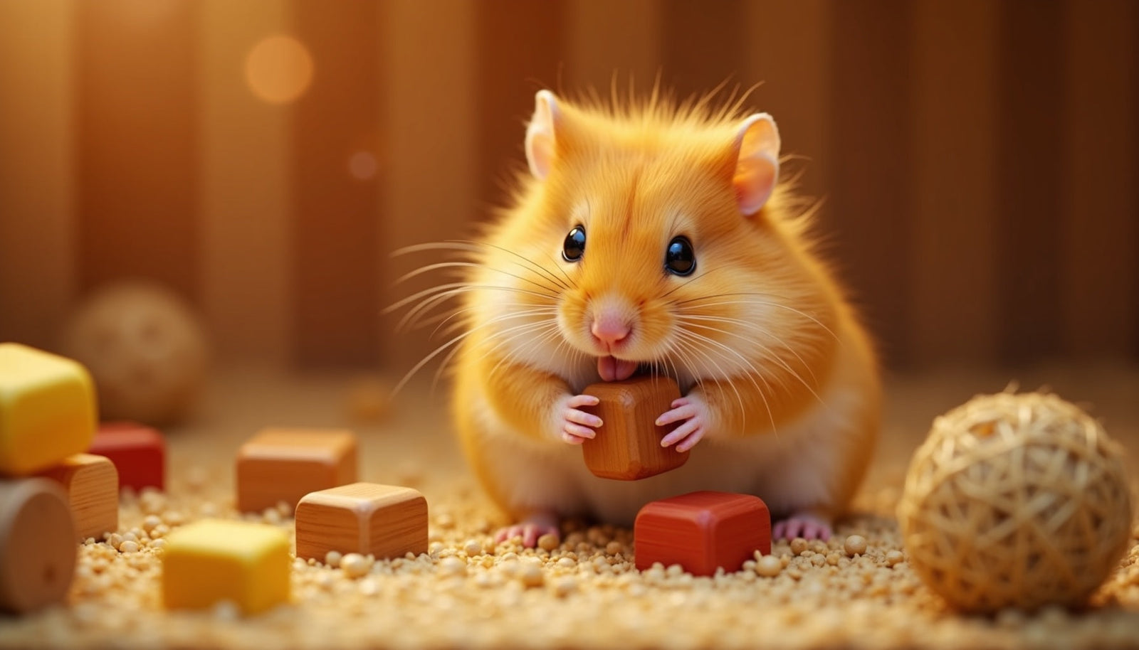 Hamster enjoying a chew toy made of natural wood blocks, promoting healthy dental habits.