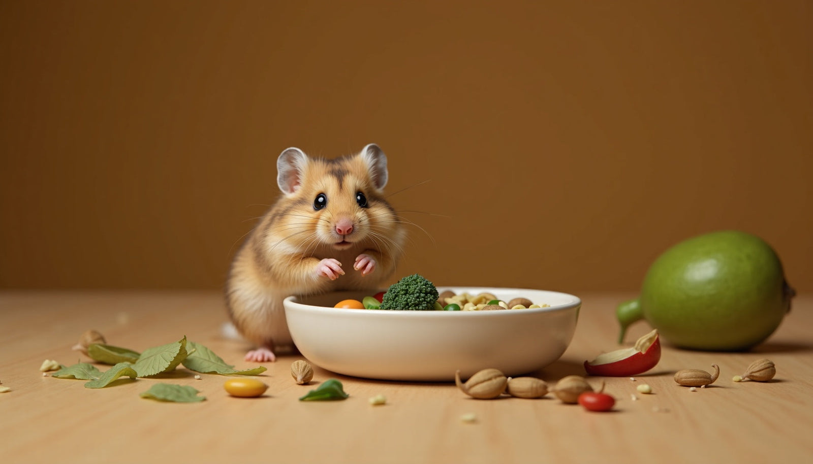 Dwarf hamster enjoying a nutritious meal with vegetables and nuts in a bowl on a wooden surface.