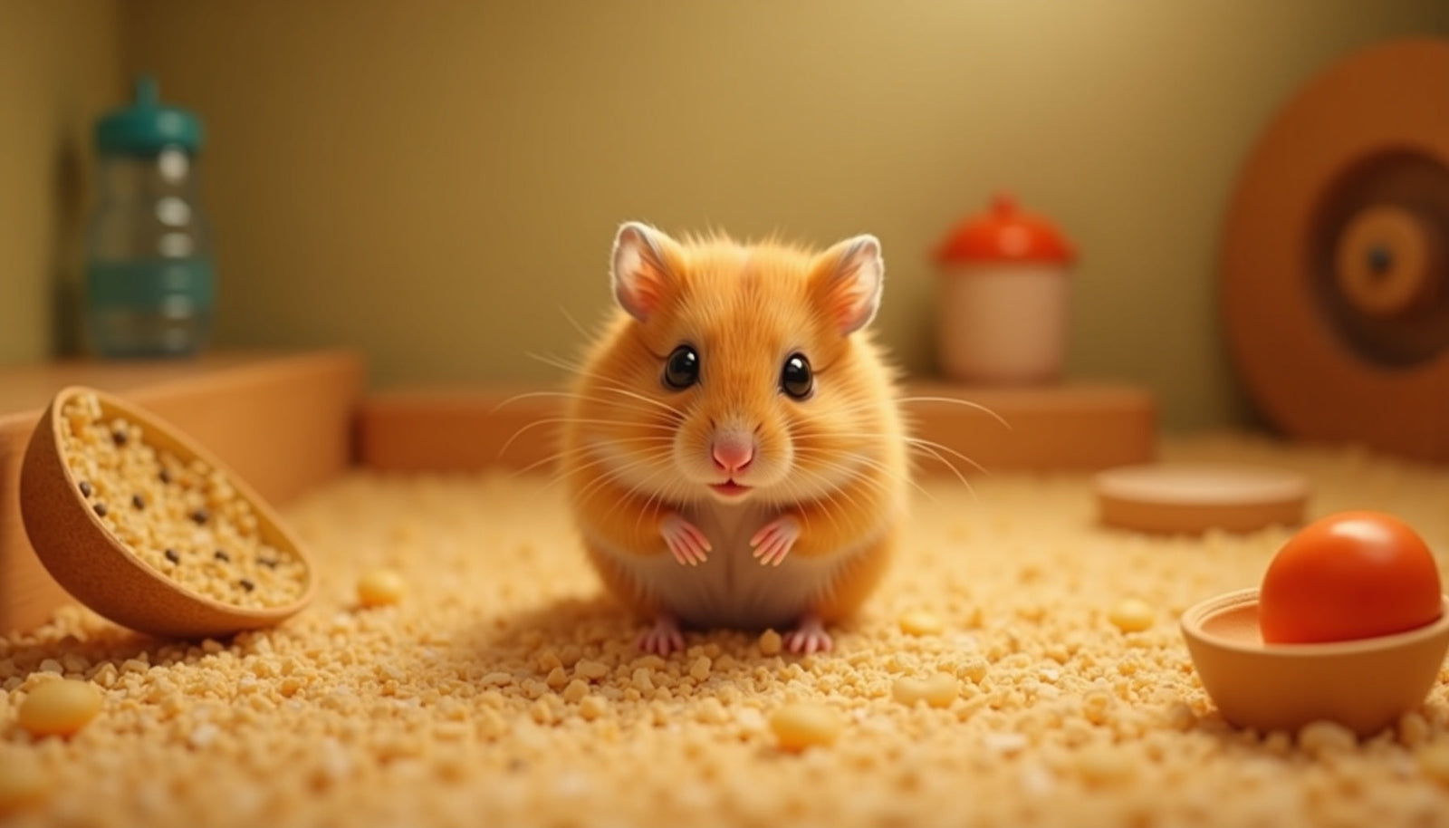 Adorable golden Syrian hamster in a cozy habitat with toys and snacks.