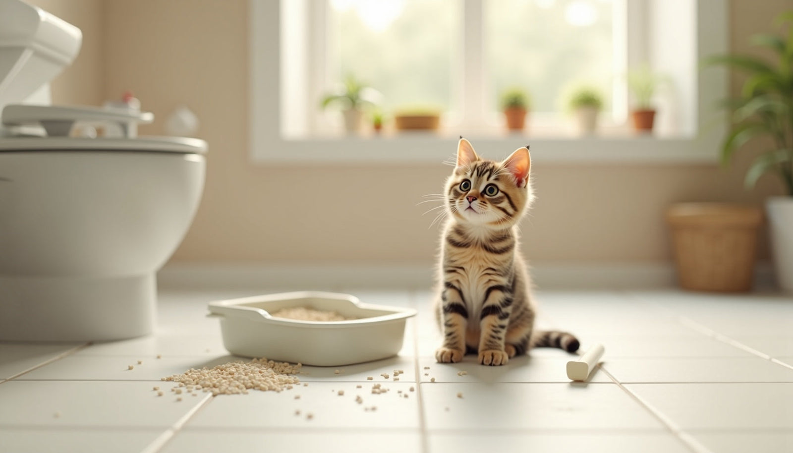 A curious kitten sits beside a litter box in a clean bathroom, showcasing easy potty training for new cat parents.
