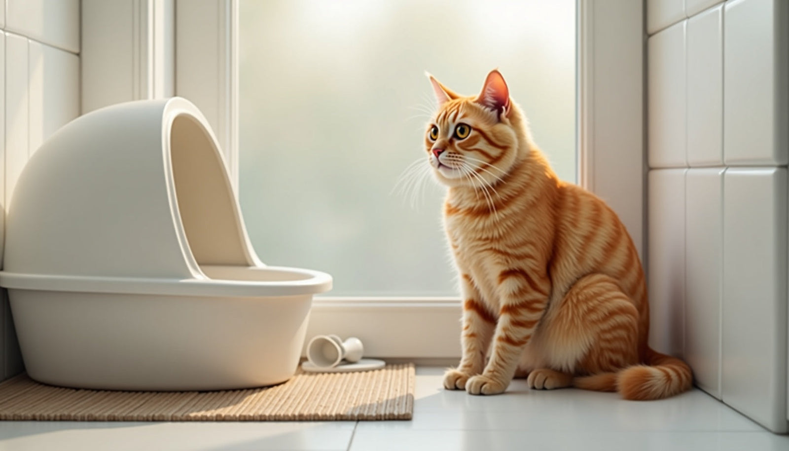 Orange tabby cat sitting next to a modern litter box in a bright, sunny bathroom.
