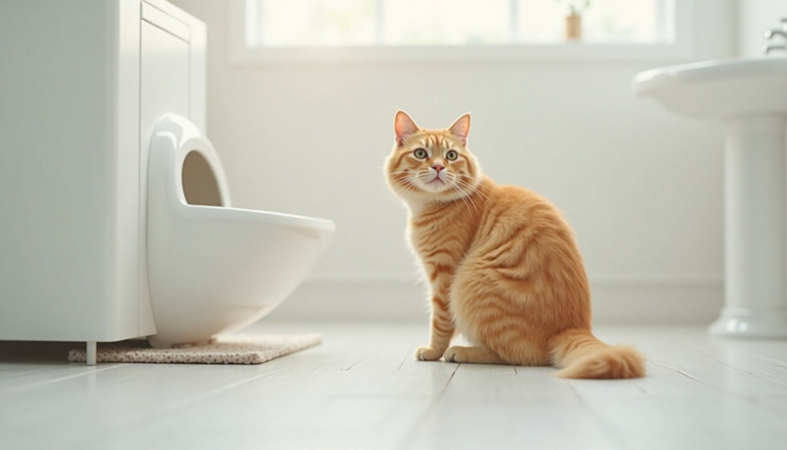 Curious orange cat sitting near a litter box, highlighting feline bathroom behavior changes.