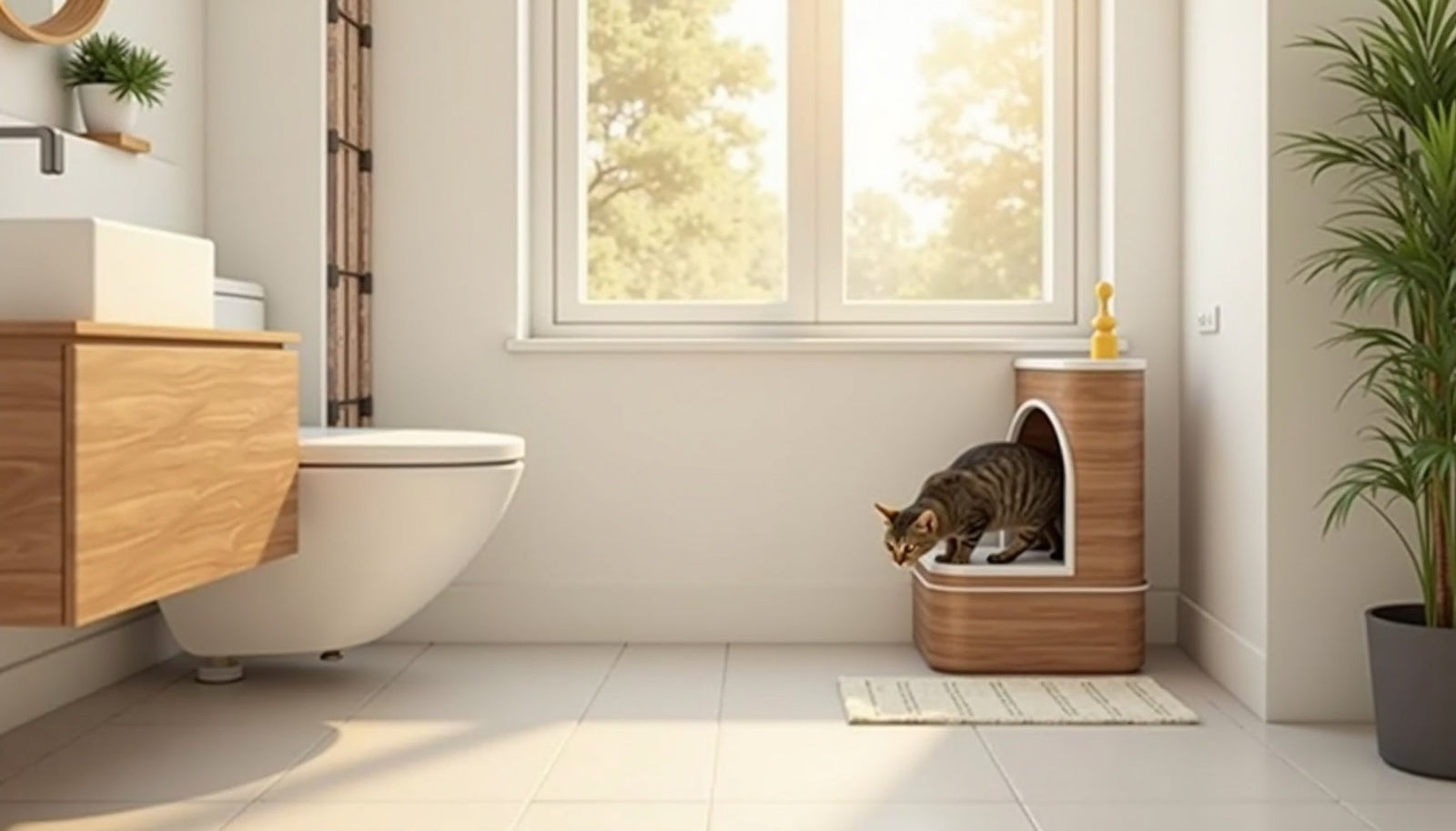 Modern automated litter box in a bright bathroom with a cat entering it, showcasing indoor cat potty solutions.