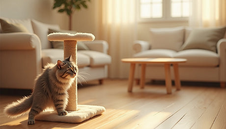 A cat using a sisal rope scratching pole in a cozy living room, protecting furniture from claws.