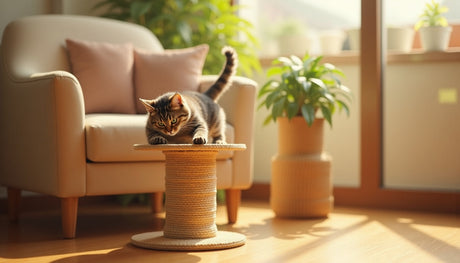 Cat scratching on a DIY sisal rope scratcher beside a cozy chair and a potted plant in a sunlit room.
