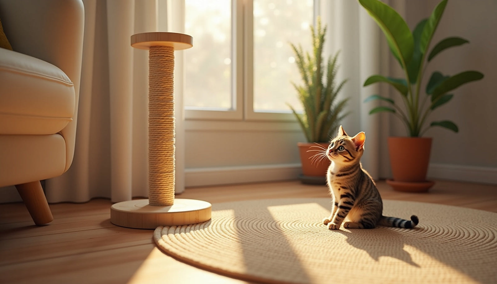 A playful cat sits near a tall wooden scratching pole in a sunlit room with plants.