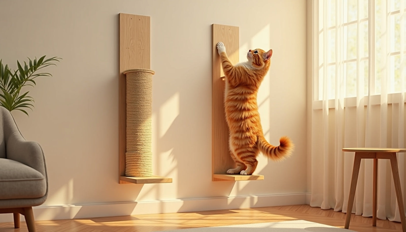 A cat using a wall-mounted scratching post, showcasing a space-saving design in a modern living room.