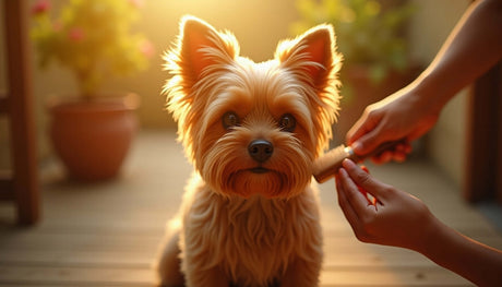 Yorkshire Terrier being groomed with a brush in sunlight, highlighting its shiny, healthy coat.