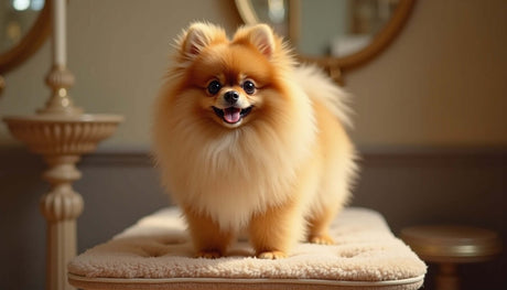 Happy Pomeranian dog on grooming table with fluffy double coat, showcasing vibrant color and cheerful expression.