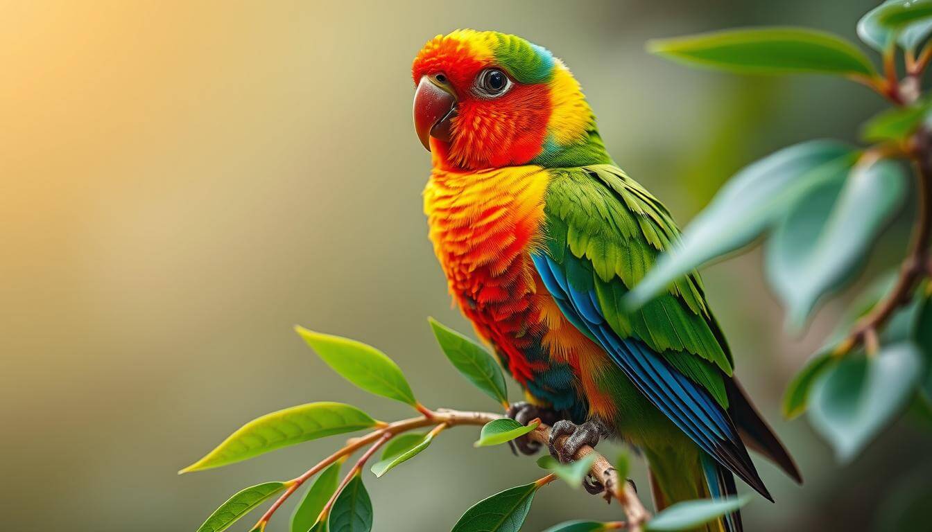 Colorful parrot perched on a branch, showcasing vibrant plumage and tropical leaves.