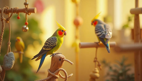 Colorful cockatiels play on an activity center surrounded by toys in a bright, sunlit environment.