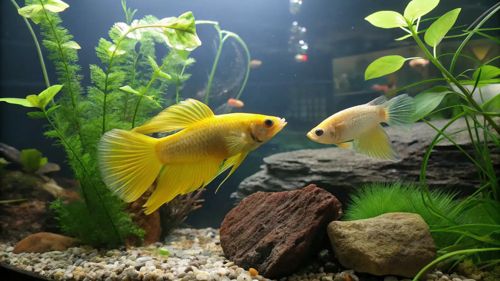 Yellow betta fish swimming together in a natural aquarium with plants and rocks.