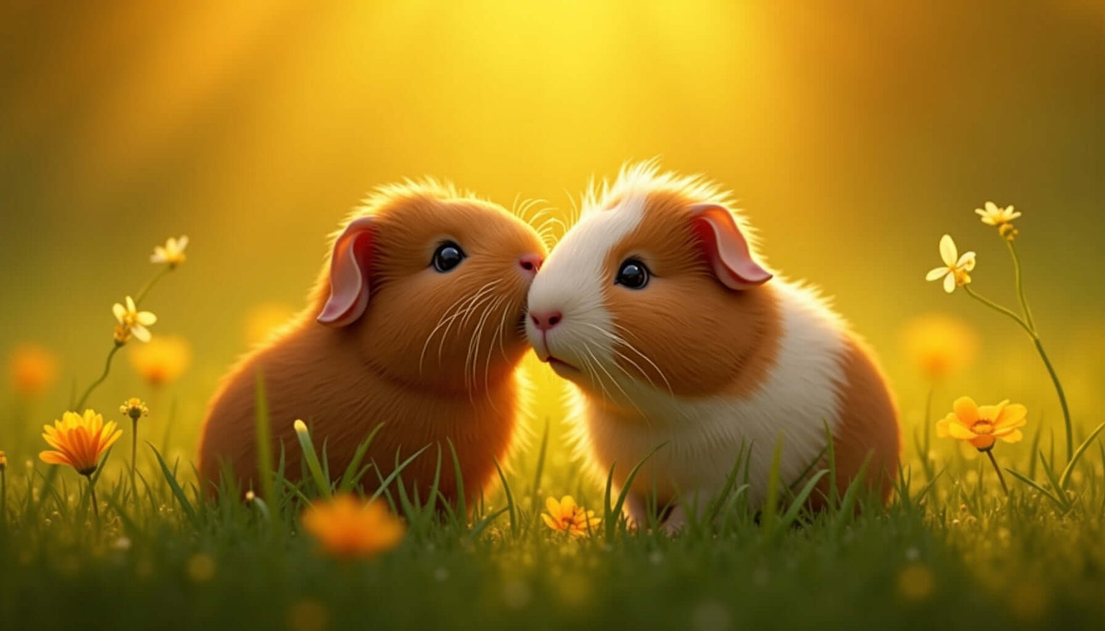 Two adorable guinea pigs nuzzling among vibrant flowers in a sunlit meadow, symbolizing companionship and gentleness.