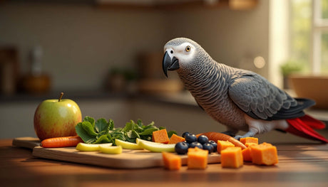 An African Grey parrot beside a wooden board filled with safe foods like apple, greens, and cheese for a balanced diet.