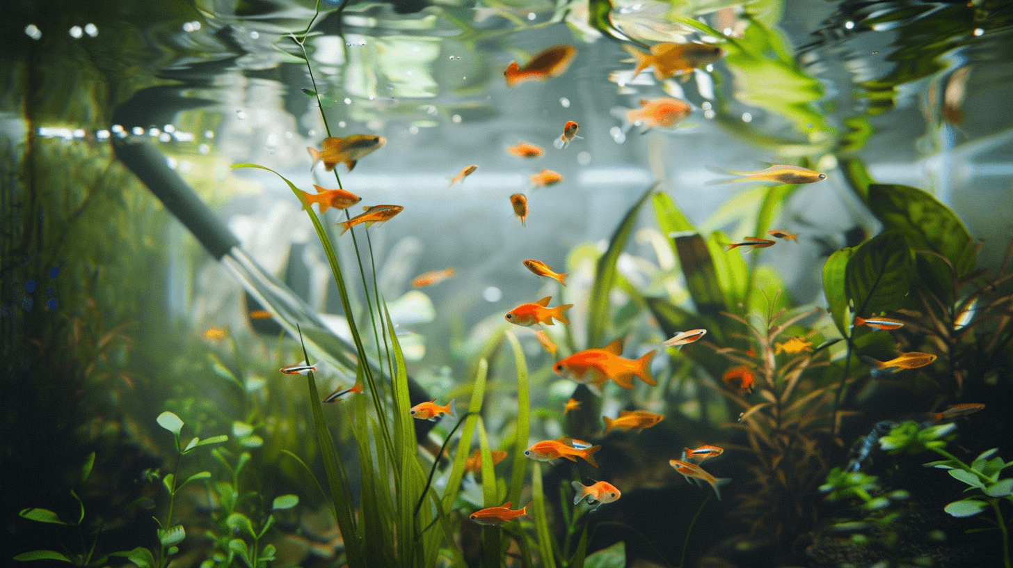 Vibrant aquarium with tropical fish swimming among lush green plants and a clear water surface.