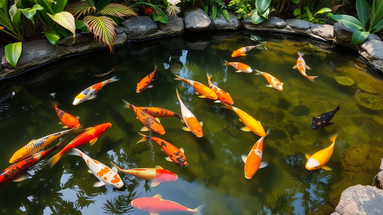 Colorful koi fish swimming in a serene garden pond surrounded by lush greenery.