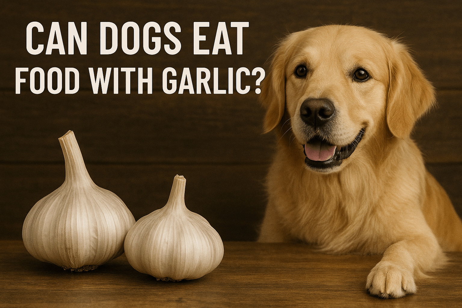 A golden retriever sits next to garlic bulbs, posing the question: Can dogs eat food with garlic?