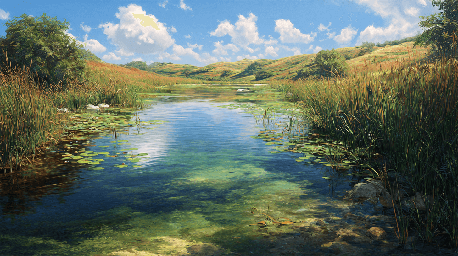 Serene pond scene with clear water, lily pads, and lush greenery under a bright blue sky.