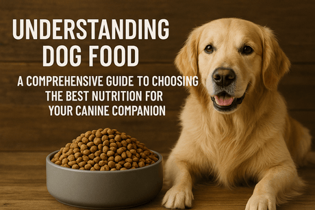 Golden retriever with dog food bowl, highlighting canine nutrition guide for pet owners.