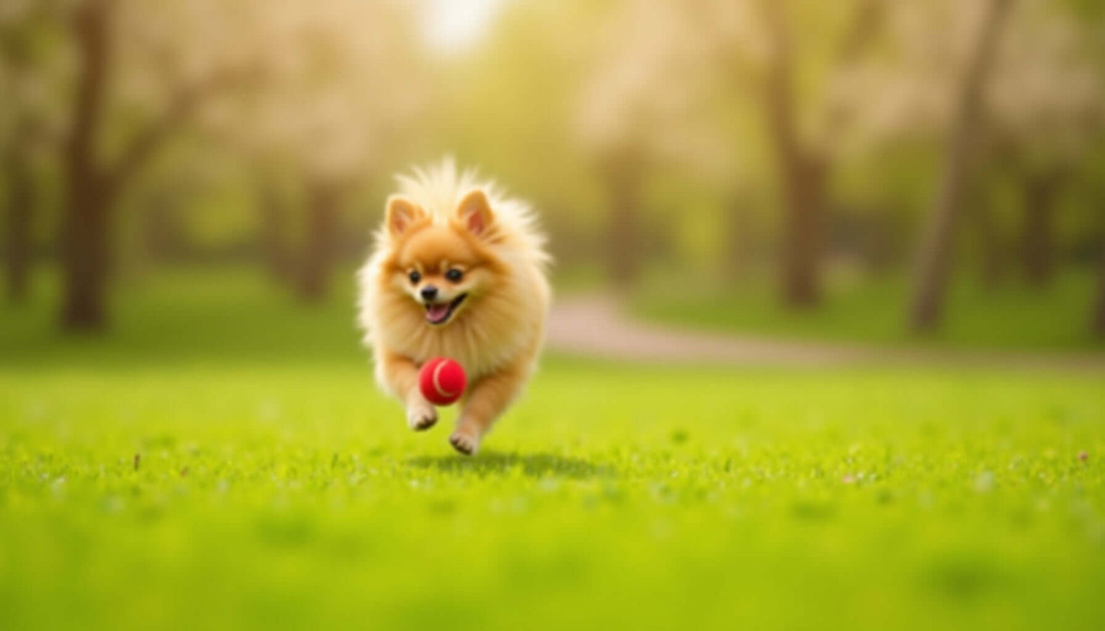 Happy Pomeranian running in a green park, chasing a red ball, showcasing the importance of exercise for dog health.