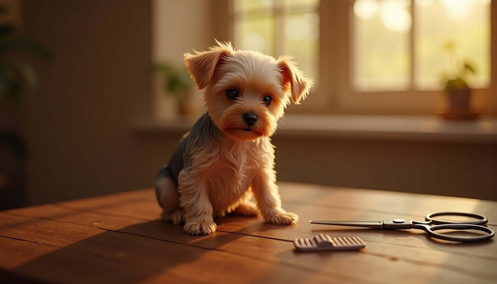 Yorkshire Terrier puppy sitting on a table beside grooming tools, ready for a grooming session.