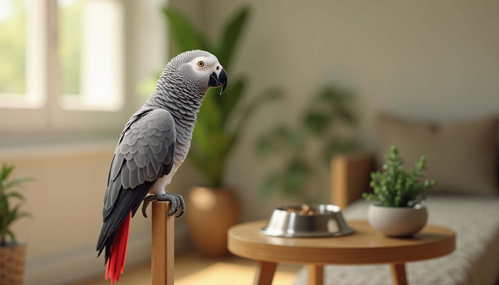 A gray African Grey Parrot perched on a wooden table in a bright, cozy living room.