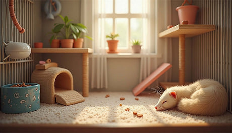 Cozy ferret cage setup with resting ferret, plants, and toys for a safe, happy habitat.