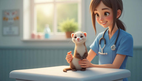 A cheerful veterinarian holding a ferret during a vet visit in a bright clinic setting.