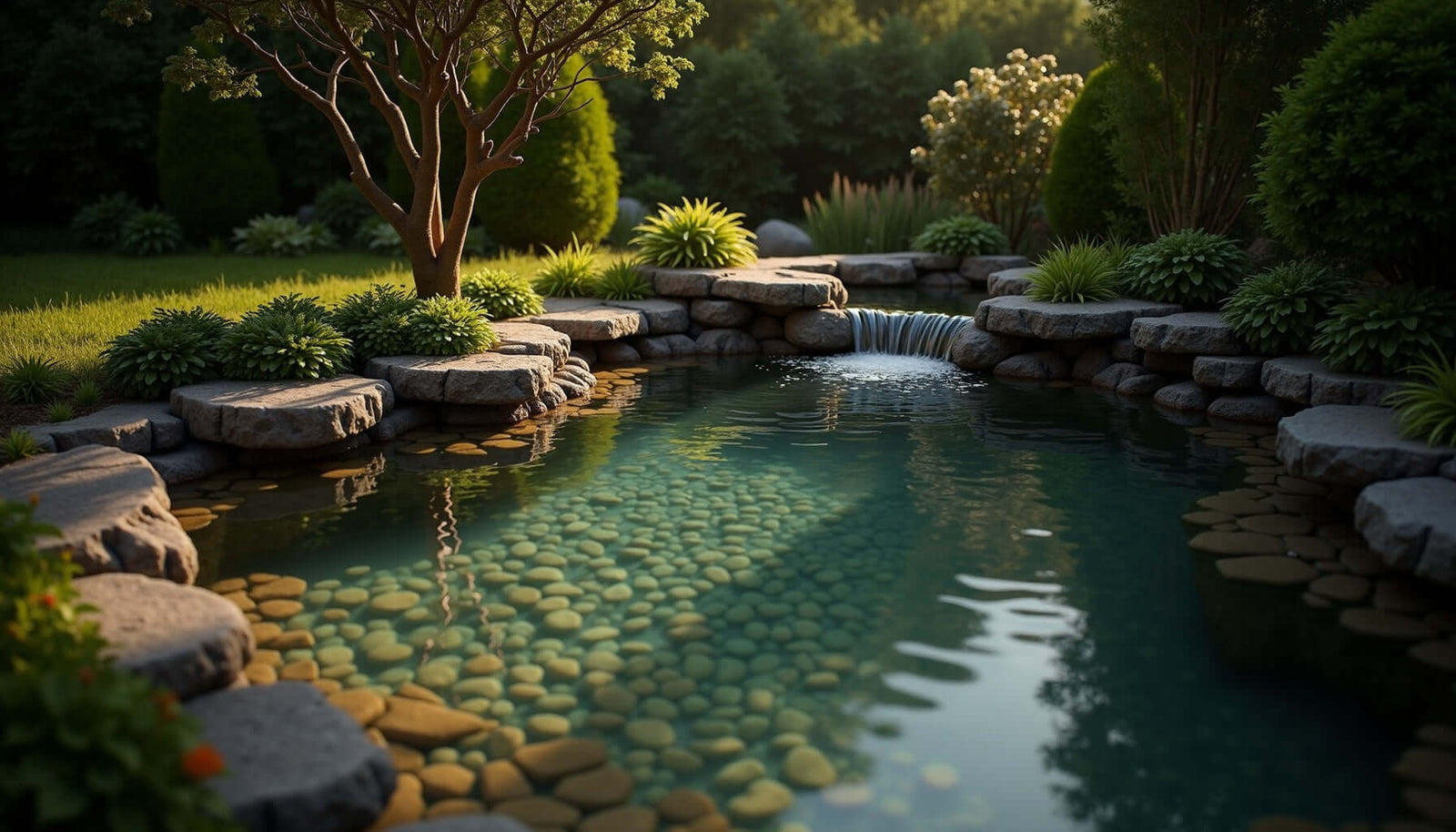 Serene garden pond with clear water, rocks, and surrounding greenery, ideal for DIY pond algae filtration.