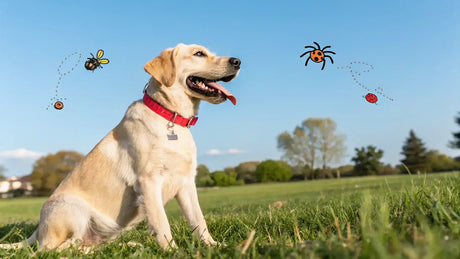 Happy yellow lab in a field with illustrations of pests like fleas and ticks nearby, highlighting frontline dog treatment.