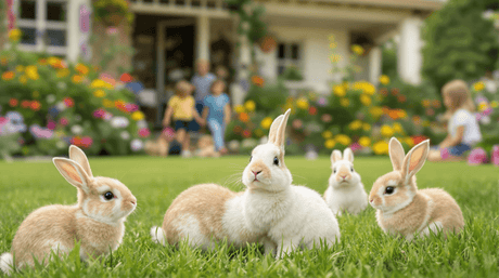 Four bunnies sitting in a lush garden with colorful flowers and children playing in the background.