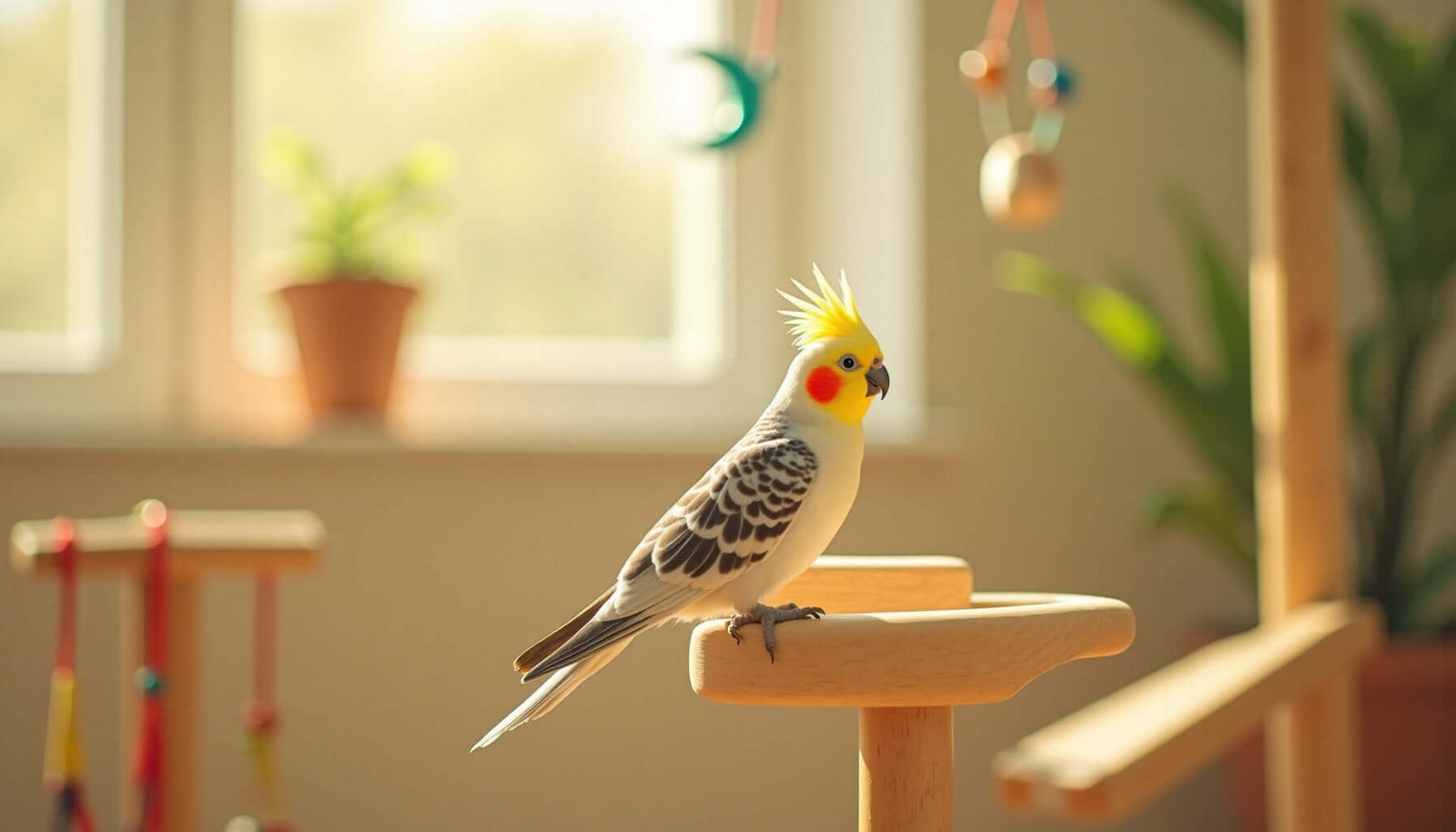 A happy cockatiel perched on a wooden stand in a brightly lit room with colorful toys.