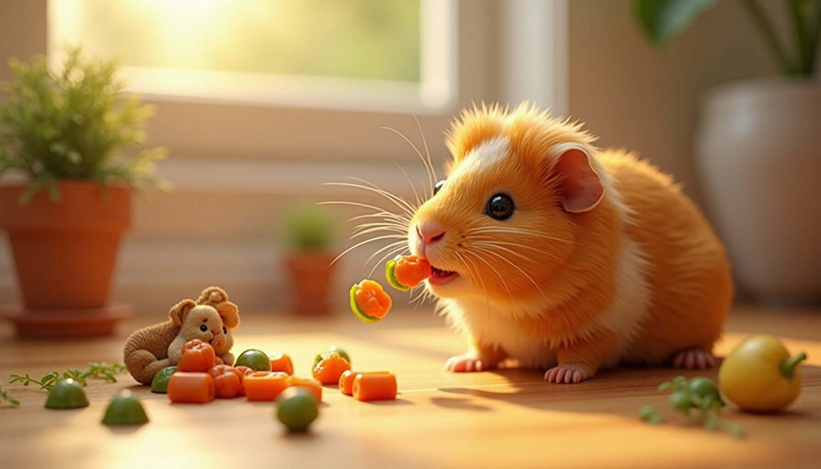 Cute guinea pig enjoying colorful vegetable treats in a cozy indoor setting.