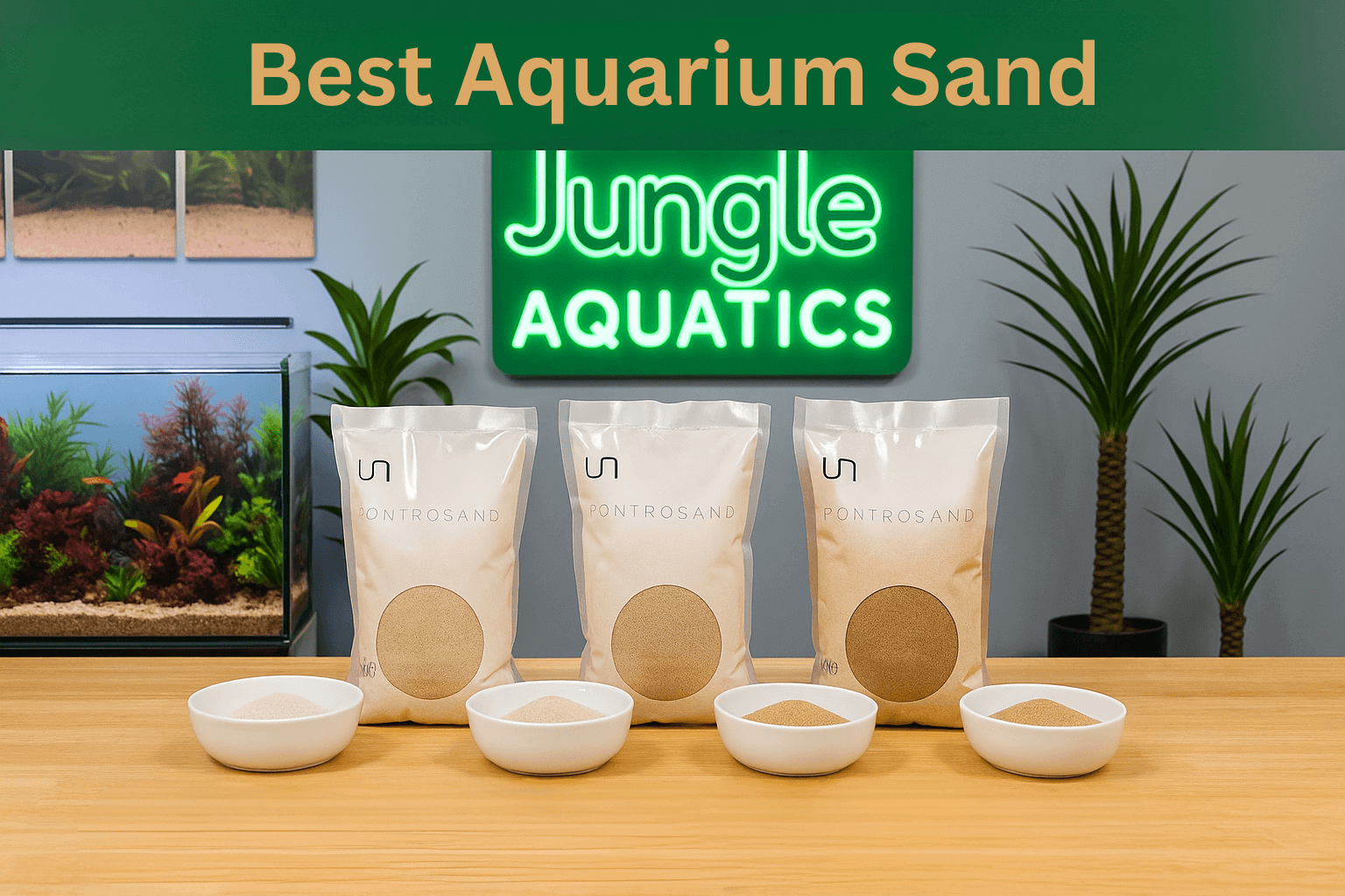 Display of UNS Contrasand aquarium sand with bowls on a table, featuring Jungle Aquatics neon sign.