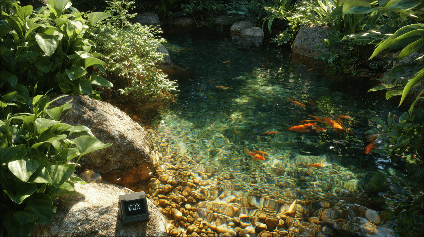 Colorful koi fish swimming in a clear pond surrounded by lush greenery and rocks.
