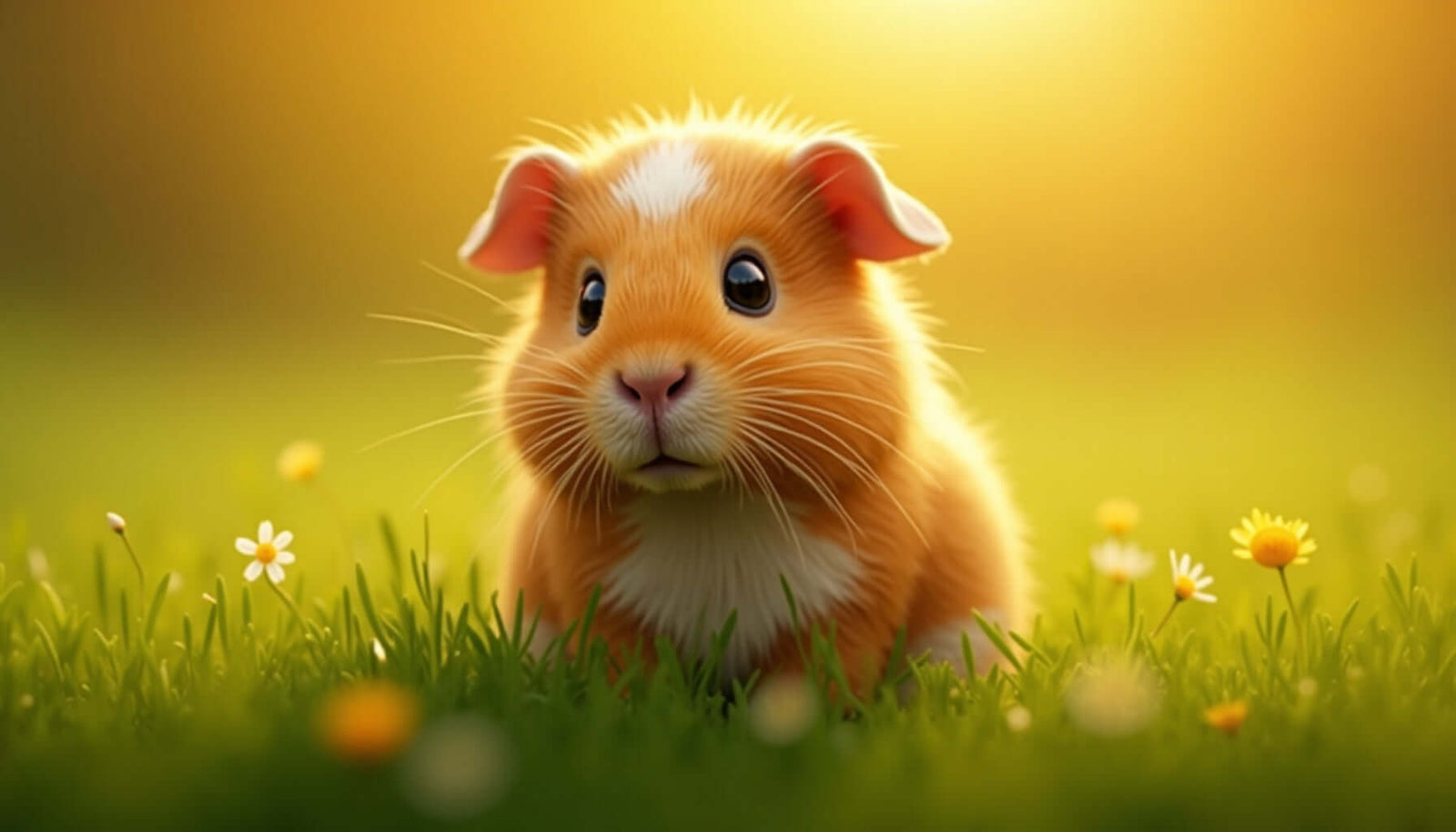 Adorable guinea pig sitting in a flower-filled meadow, symbolizing companionship and emotional nurturing.