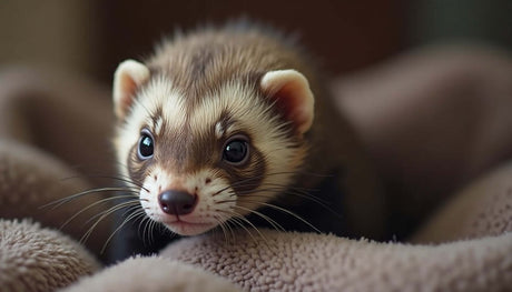 Close-up of a curious ferret resting on soft fabric, showcasing its expressive eyes and unique fur pattern.