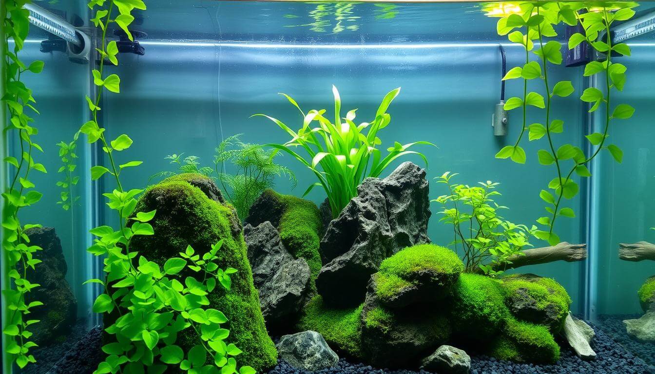 Aquarium with lush green plants, rocks, and clear water showcasing a balanced aquatic environment.